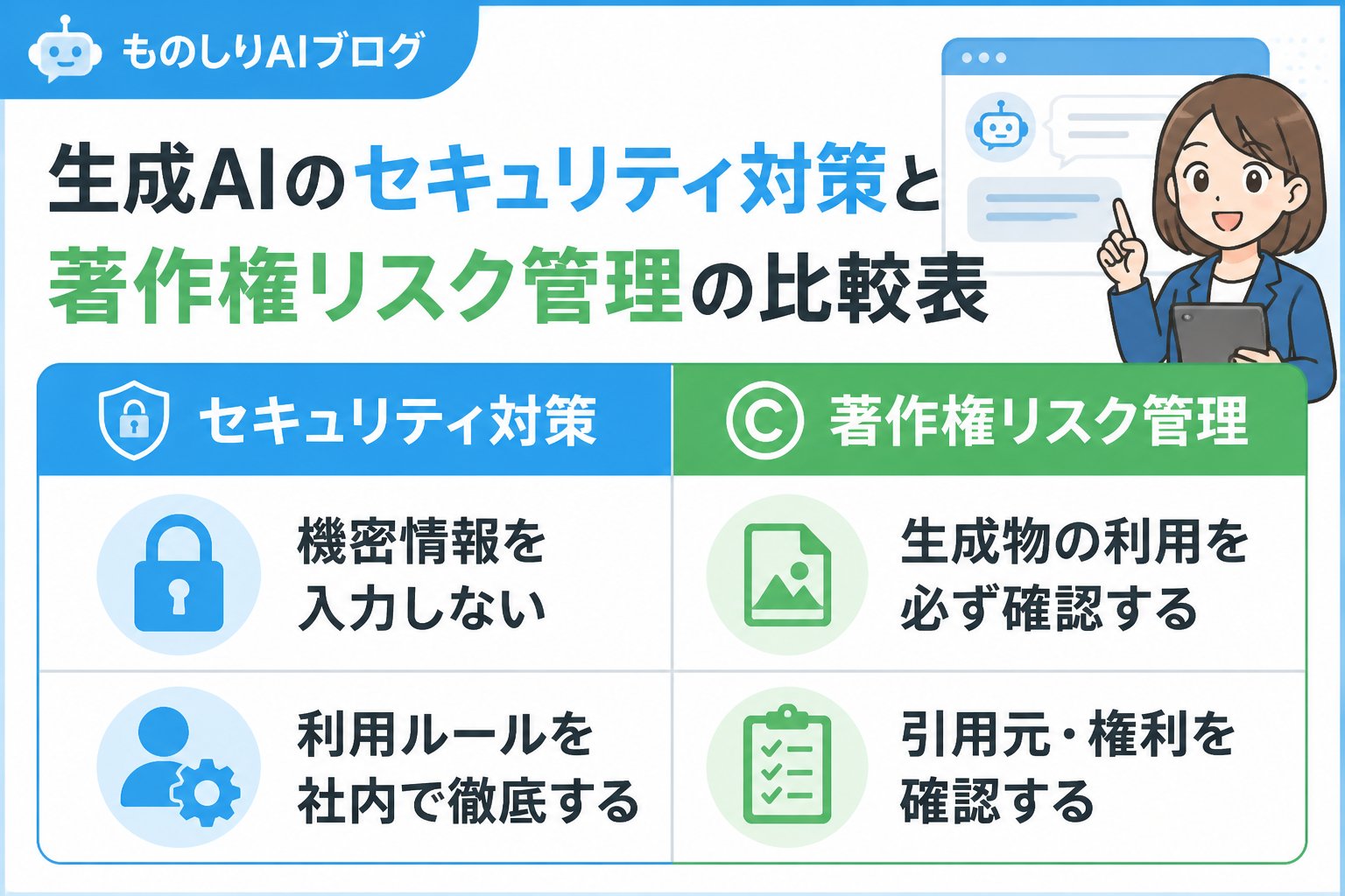 AI活用 生成AIのセキュリティ対策と著作権リスク管理の比較表